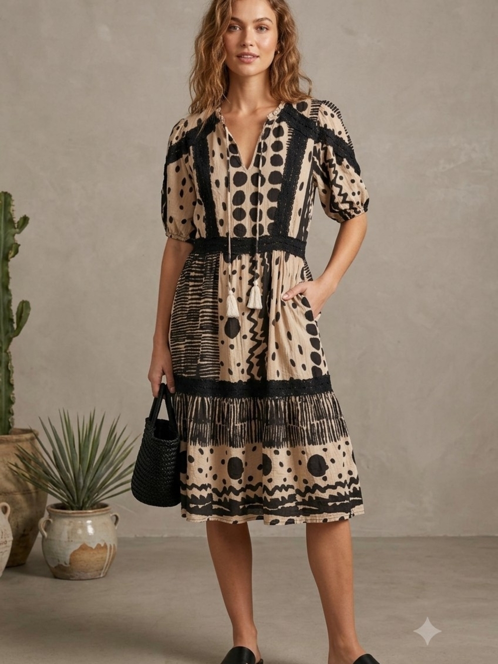 THML Beige and Black Patterned Tiered Midi Dress